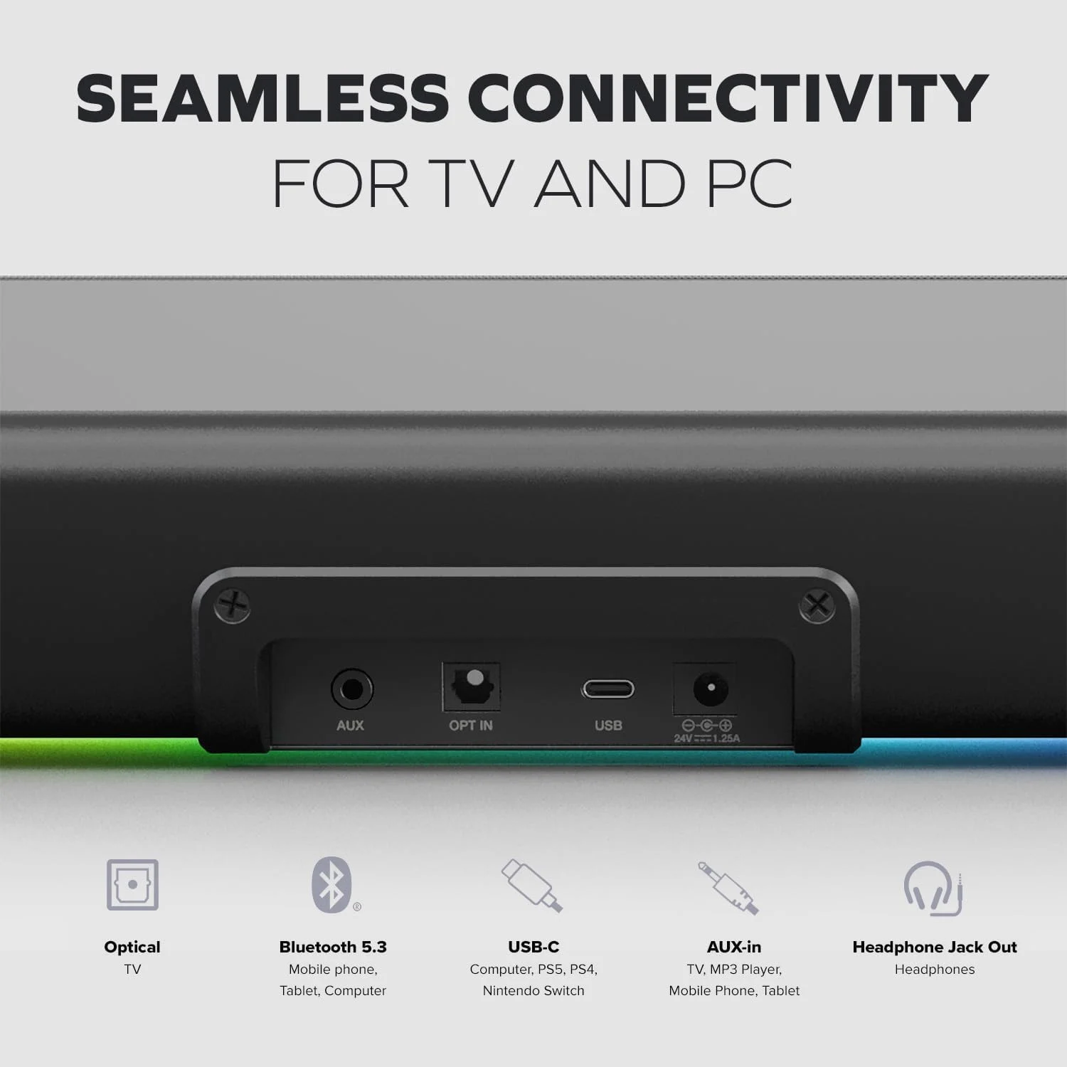 ساندبار گیمینگ RGB مدل Sound Blaster GS5 با فناوری SuperWide، تغذیه از طریق آداپتور، حداکثر توان 60 وات، بلوتوث 5.4، ورودی اپتیکال، پورت خروجی هدفون، برای کامپیوتر و تلویزیون