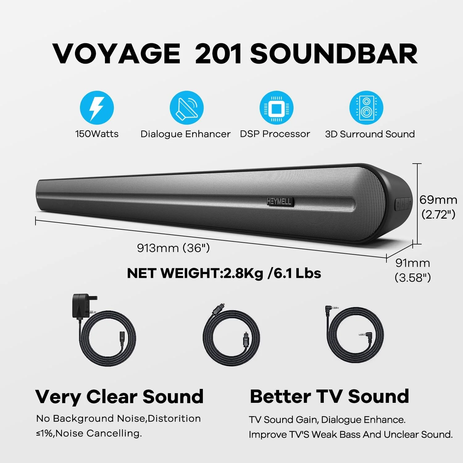 ساندبار 150 واتی 2.1 کاناله Heymell با ساب ووفر داخلی، صدای فراگیر سه بعدی برای تلویزیون، تقویت کننده دیالوگ صدای شفاف، بلوتوث، HDMI ARC کواکسیال اپتیکال، شامل کابل HDMI ساندبار 150 واتی 2.1 کاناله Heymell با ساب ووفر داخلی، صدای فراگیر سه بعدی برای تلویزیون، تقویت کننده دیالوگ صدای شفاف، بلوتوث، HDMI ARC کواکسیال اپتیکال، شامل کابل HDMI