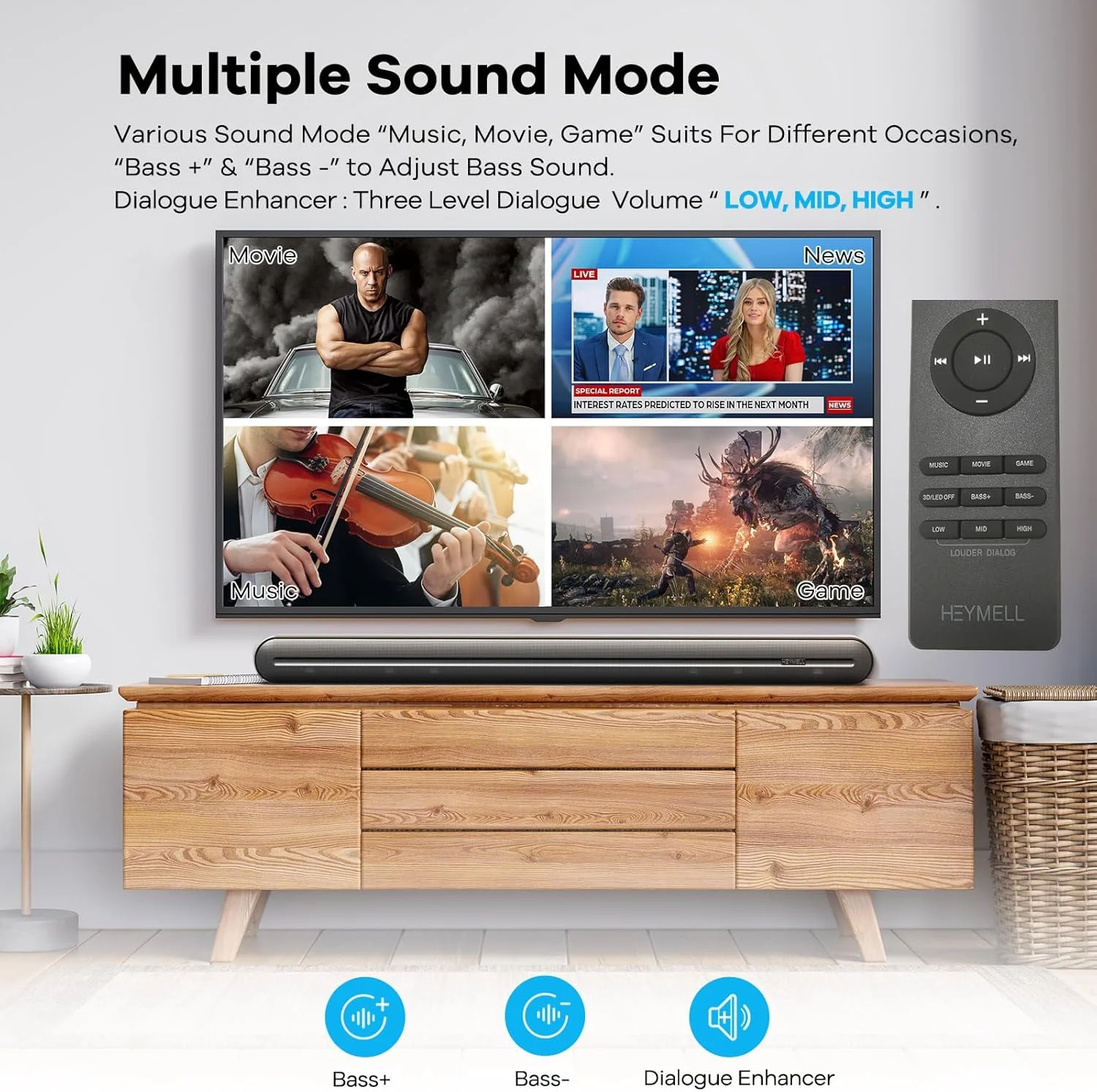 ساندبار 150 واتی 2.1 کاناله Heymell با ساب ووفر داخلی، صدای فراگیر سه بعدی برای تلویزیون، تقویت کننده دیالوگ صدای شفاف، بلوتوث، HDMI ARC کواکسیال اپتیکال، شامل کابل HDMI ساندبار 150 واتی 2.1 کاناله Heymell با ساب ووفر داخلی، صدای فراگیر سه بعدی برای تلویزیون، تقویت کننده دیالوگ صدای شفاف، بلوتوث، HDMI ARC کواکسیال اپتیکال، شامل کابل HDMI