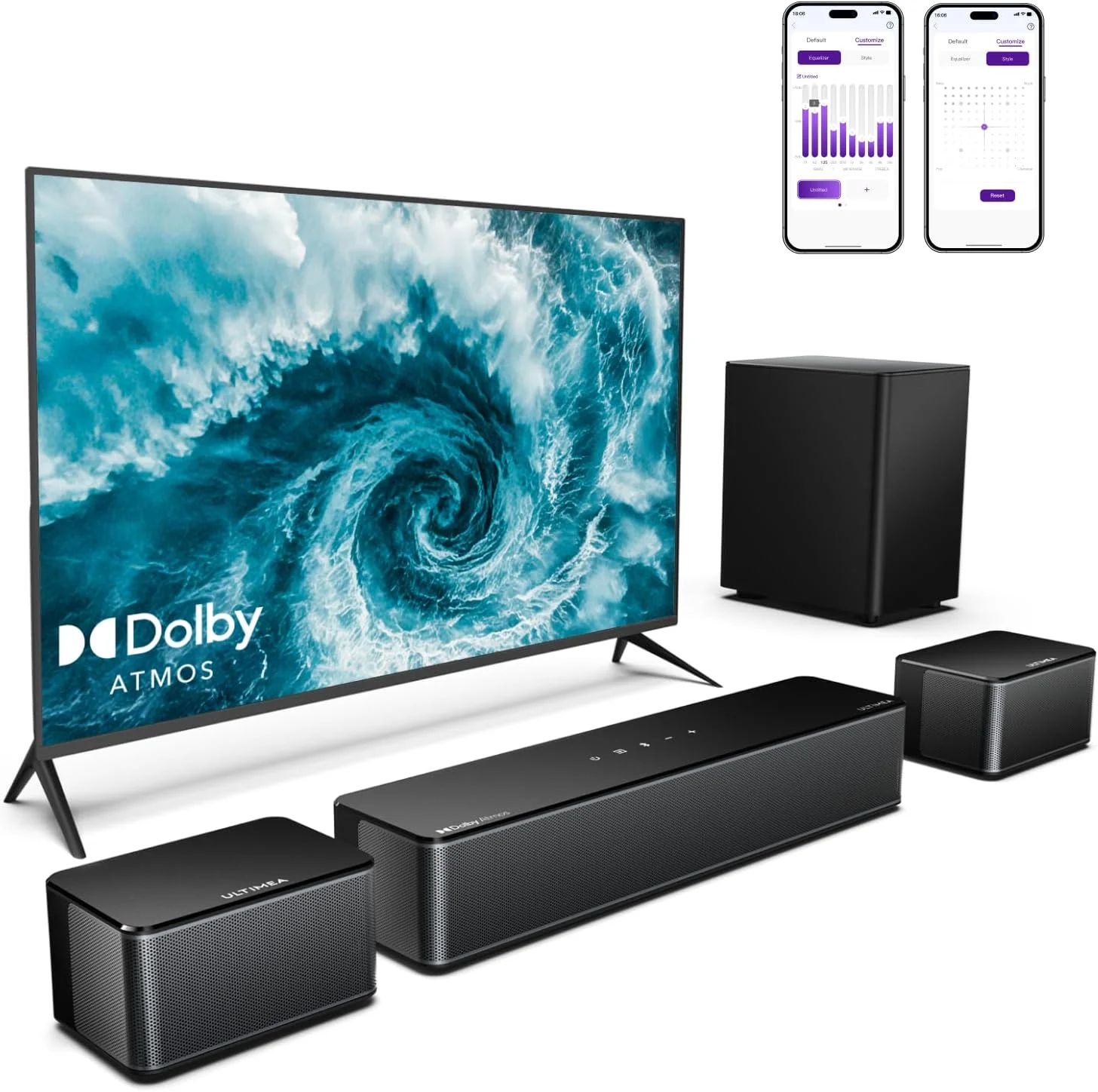 ساندبار 5.1 کاناله ULTIMEA با Dolby Atmos، سیستم صدای فراگیر سه بعدی 410 واتی، ساندبار برای تلویزیون با ساب ووفر بی سیم و 2 بلندگوی عقب، کنترل برنامه، صدای فراگیر و باس قابل تنظیم سینمای خانگی، Poseidon D60