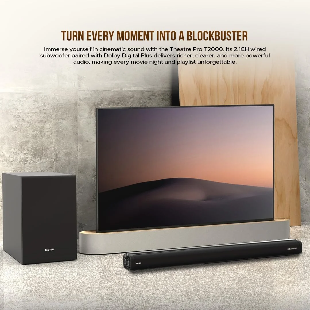 اسپیکر ساندبار Faster Theater Pro T2000W - ساندبار 2.1 کاناله با ساب ووفر بی سیم Dolby Audio Digital Plus - اسپیکر بلوتوث 5.0 با خروجی صدای 160 وات - اسپیکر قابل حمل سینمای خانگی TV-ARC، PC، USB، AUX، OPT اسپیکر ساندبار Faster Theater Pro T2000W - ساندبار 2.1 کاناله با ساب ووفر بی سیم Dolby Audio Digital Plus - اسپیکر بلوتوث 5.0 با خروجی صدای 160 وات - اسپیکر قابل حمل سینمای خانگی TV-ARC، PC، USB، AUX، OPT