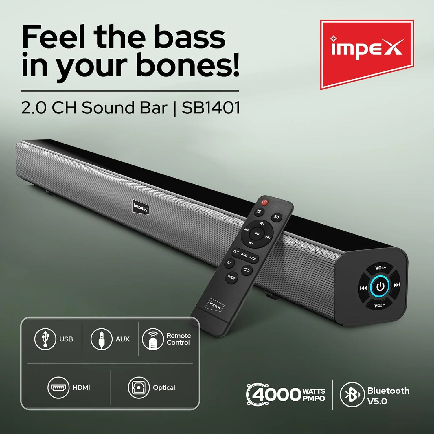ایمپکس ساندبار 2.0 کاناله 30 وات، همراه با ریموت کنترل، نمایشگر LED، ساندبار صدای شفاف، اسپیکر بلوتوث هوشمند برای تلویزیون، بلوتوث، USB، HDMI، AUX، اپتیکال - SB 1401 ایمپکس ساندبار 2.0 کاناله 30 وات، همراه با ریموت کنترل، نمایشگر LED، ساندبار صدای شفاف، اسپیکر بلوتوث هوشمند برای تلویزیون، بلوتوث، USB، HDMI، AUX، اپتیکال - SB 1401