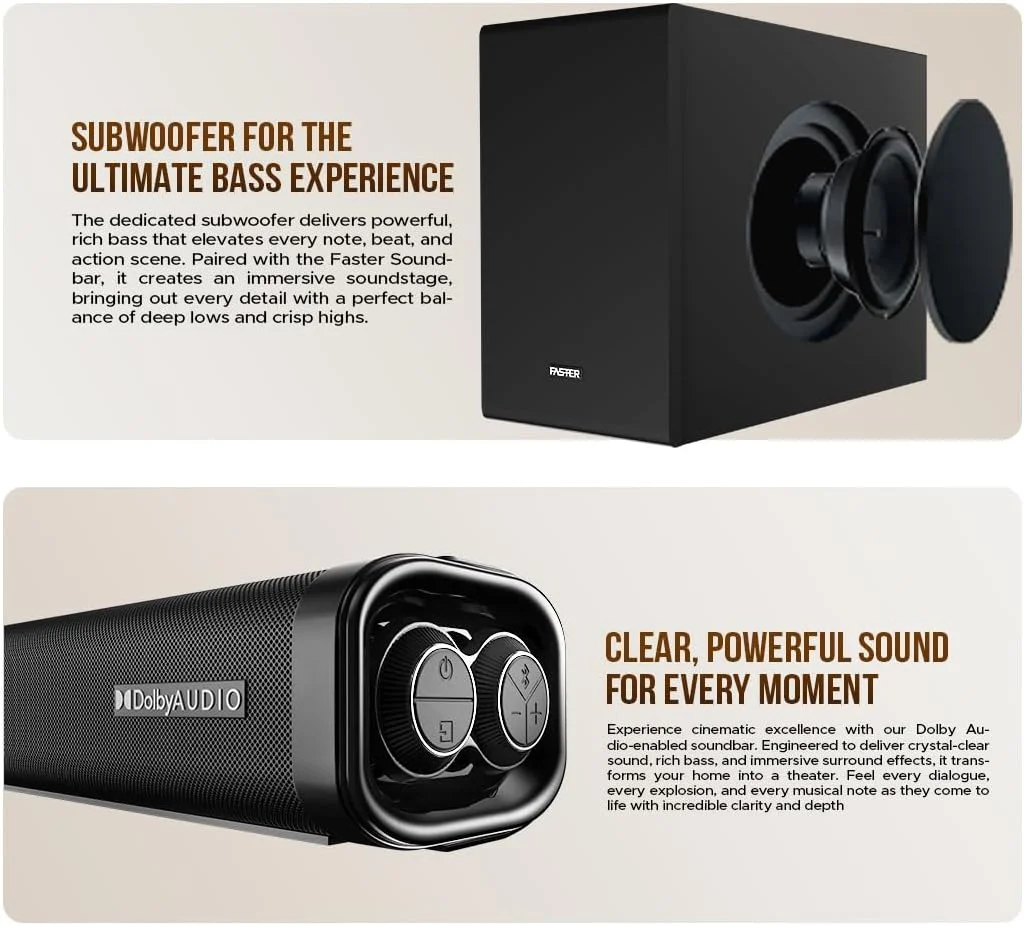 اسپیکر ساندبار Faster Theater Pro T2000W - ساندبار 2.1 کاناله با ساب ووفر بی سیم Dolby Audio Digital Plus - اسپیکر بلوتوث 5.0 با خروجی صدای 160 وات - اسپیکر قابل حمل سینمای خانگی TV-ARC، PC، USB، AUX، OPT اسپیکر ساندبار Faster Theater Pro T2000W - ساندبار 2.1 کاناله با ساب ووفر بی سیم Dolby Audio Digital Plus - اسپیکر بلوتوث 5.0 با خروجی صدای 160 وات - اسپیکر قابل حمل سینمای خانگی TV-ARC، PC، USB، AUX، OPT