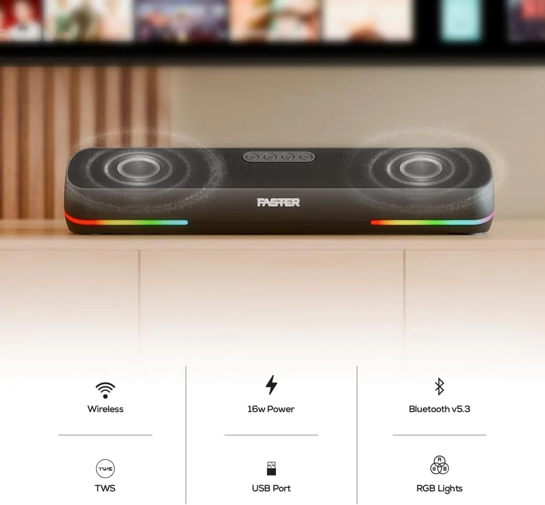 اسپیکر ساندبار Faster Ryzo Z16 - ساندبار بی سیم 16 واتی 415x133x100 میلی متر بلوتوث 5.3 EDR 5 ساعت پخش نور RGB TWS - اسپیکر قابل حمل USB AUX، کارت TF - تماس هندزفری صدای فراگیر 360 درجه (آبی سرمه ای)