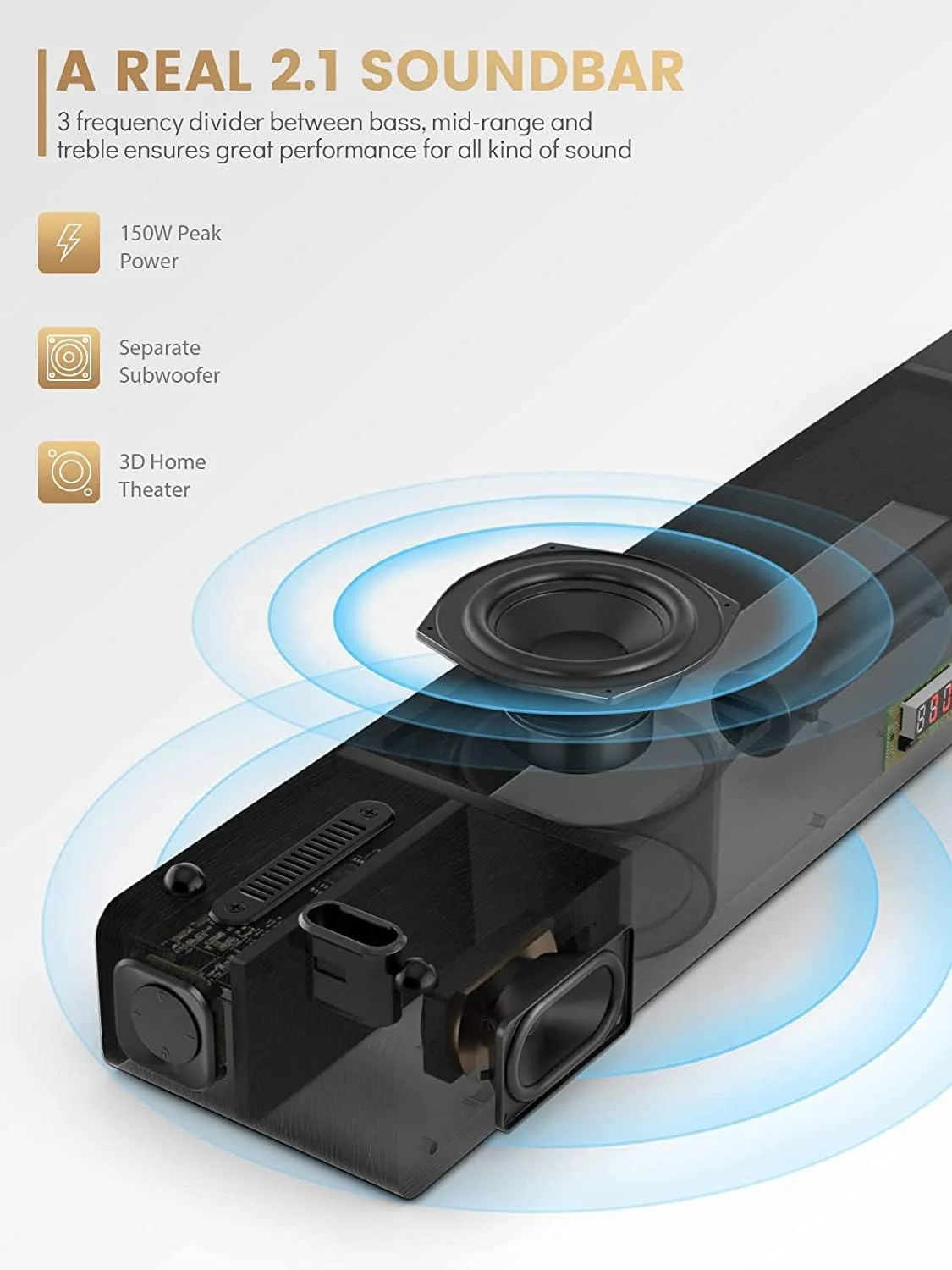 مِرِدو ساندبار چوبی برای تلویزیون 2.1 کاناله با ساب ووفر داخلی 150 واتی، ساندبار همه کاره با قابلیت تنظیم بیس/تریبل، 5 حالت EQ، ARC/Optical/AUX/BT 5.0 صدای فراگیر سه بعدی برای سینمای خانگی - جمع و جور