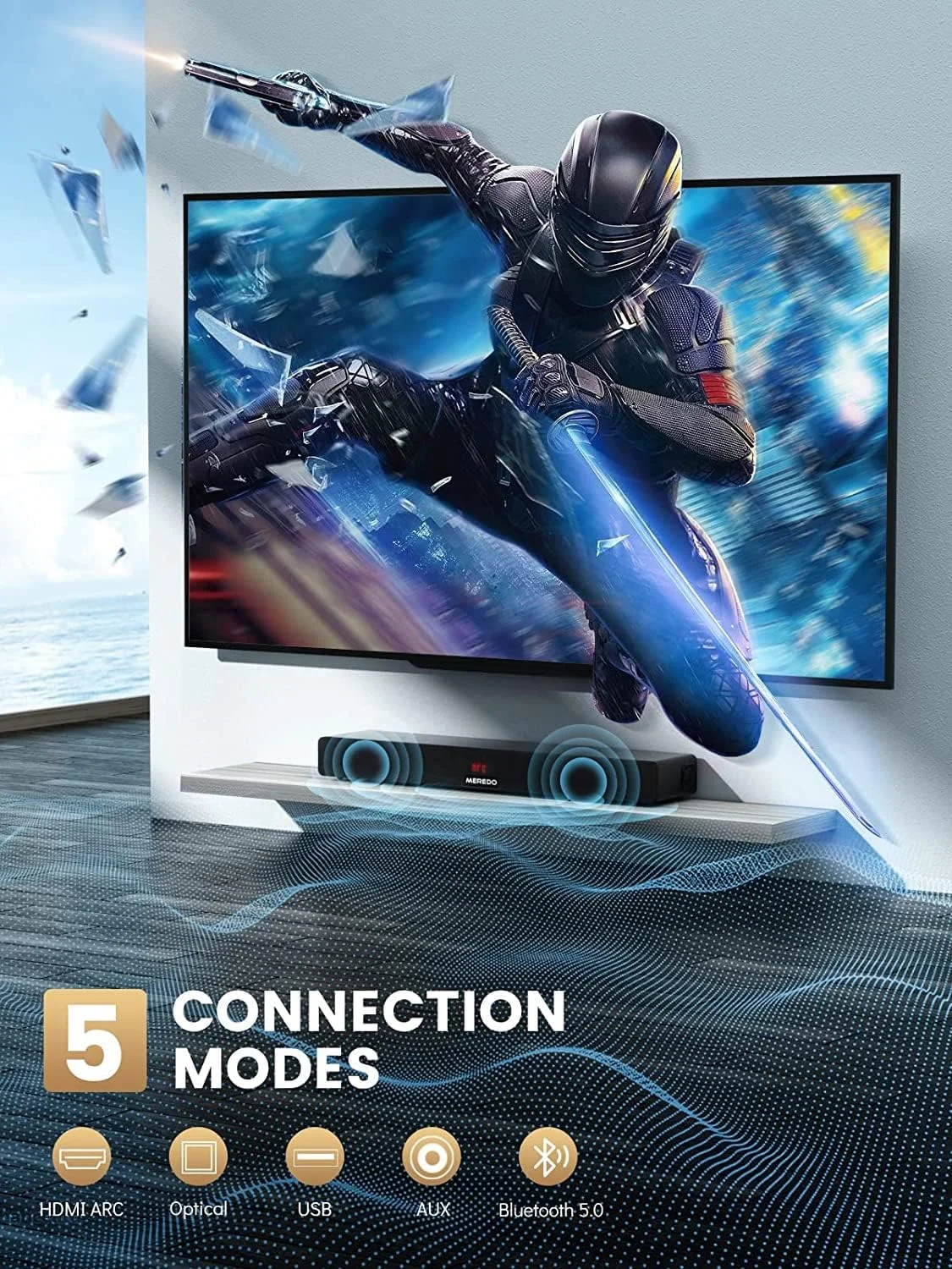 مِرِدو ساندبار چوبی برای تلویزیون 2.1 کاناله با ساب ووفر داخلی 150 واتی، ساندبار همه کاره با قابلیت تنظیم بیس/تریبل، 5 حالت EQ، ARC/Optical/AUX/BT 5.0 صدای فراگیر سه بعدی برای سینمای خانگی - جمع و جور