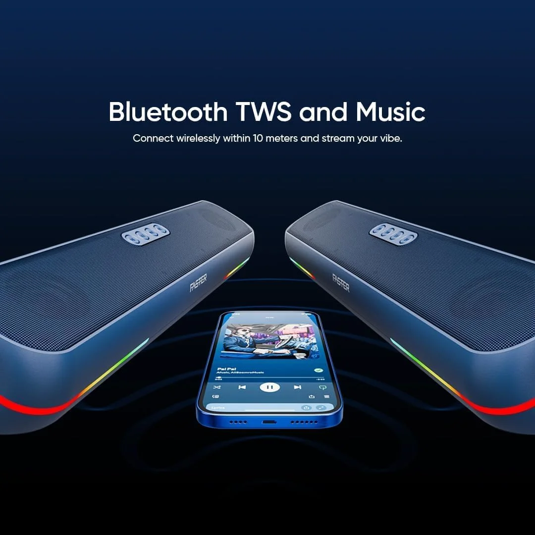 اسپیکر ساندبار Faster Ryzo Z16 - ساندبار بی سیم 16 واتی 415x133x100 میلی متر بلوتوث 5.3 EDR 5 ساعت پخش نور RGB TWS - اسپیکر قابل حمل USB AUX، کارت TF - تماس هندزفری صدای فراگیر 360 درجه (آبی سرمه ای)
