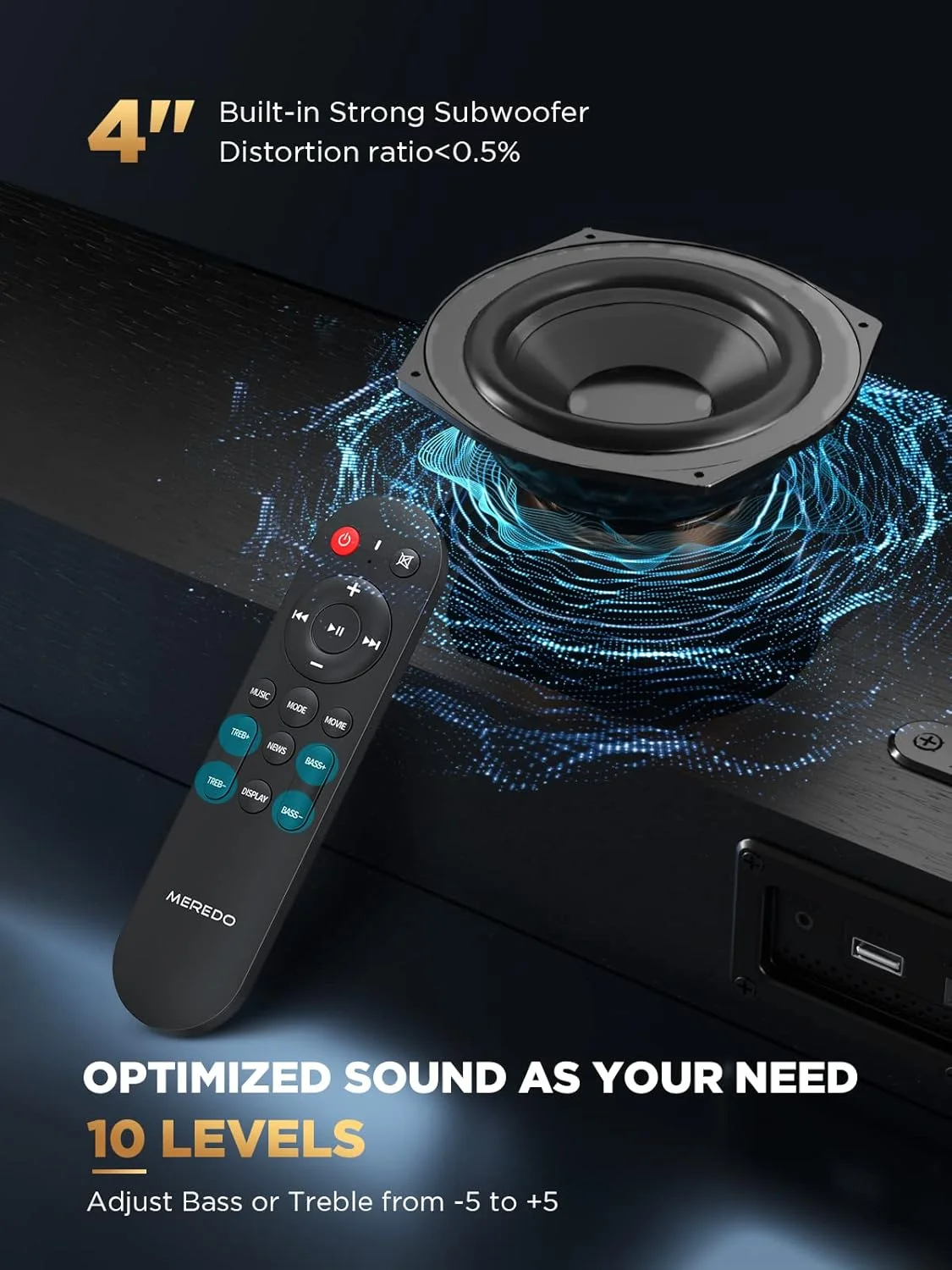 مِرِدو ساندبار چوبی برای تلویزیون 2.1 کاناله با ساب ووفر داخلی 150 واتی، ساندبار همه کاره با قابلیت تنظیم بیس/تریبل، 5 حالت EQ، ARC/Optical/AUX/BT 5.0 صدای فراگیر سه بعدی برای سینمای خانگی - جمع و جور