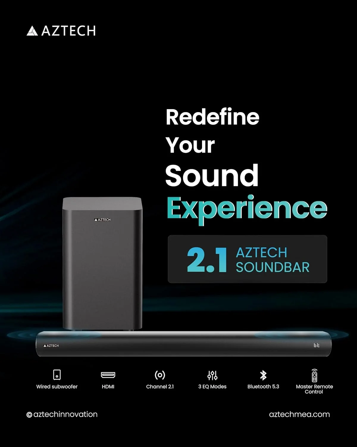ساندبار 2.1 کاناله AZTECH با ساب ووفر سیمی 120 وات، سیستم سینمای خانگی بلوتوث 5.3، حالت بازی با HDMI ARC، اپتیکال، AUX، USB، DSP، 3 حالت EQ و ریموت کنترل، صدای فراگیر باس عمیق، اسپیکر تلویزیون نسخه امارات