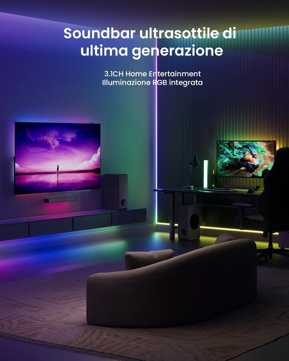 ساندبار MEREDO برای تلویزیون با ساب ووفر 3.1 کاناله، ساندبار گیمینگ RGB با نور هماهنگ صدا، BT 5.3/HD-ARC/Optical/AUX/USB، اسپیکر کامپیوتر/تلویزیون برای دسکتاپ/لپ تاپ، کنسول های بازی و سینمای خانگی