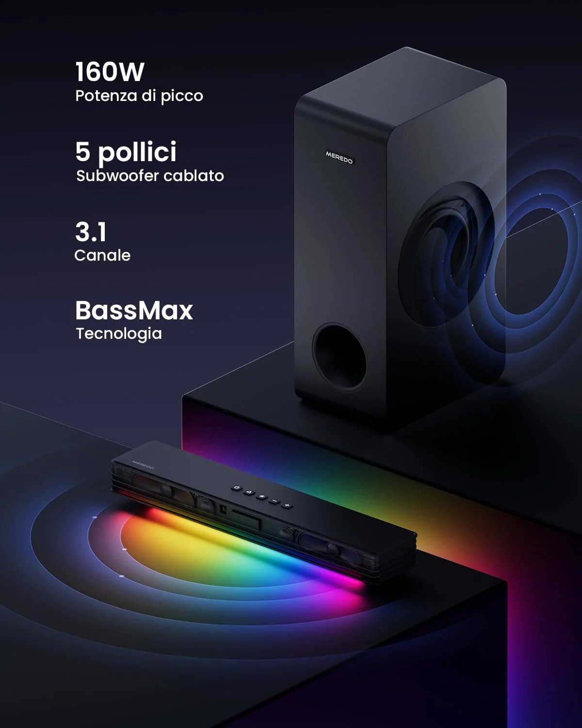 ساندبار MEREDO برای تلویزیون با ساب ووفر 3.1 کاناله، ساندبار گیمینگ RGB با نور هماهنگ صدا، BT 5.3/HD-ARC/Optical/AUX/USB، اسپیکر کامپیوتر/تلویزیون برای دسکتاپ/لپ تاپ، کنسول های بازی و سینمای خانگی