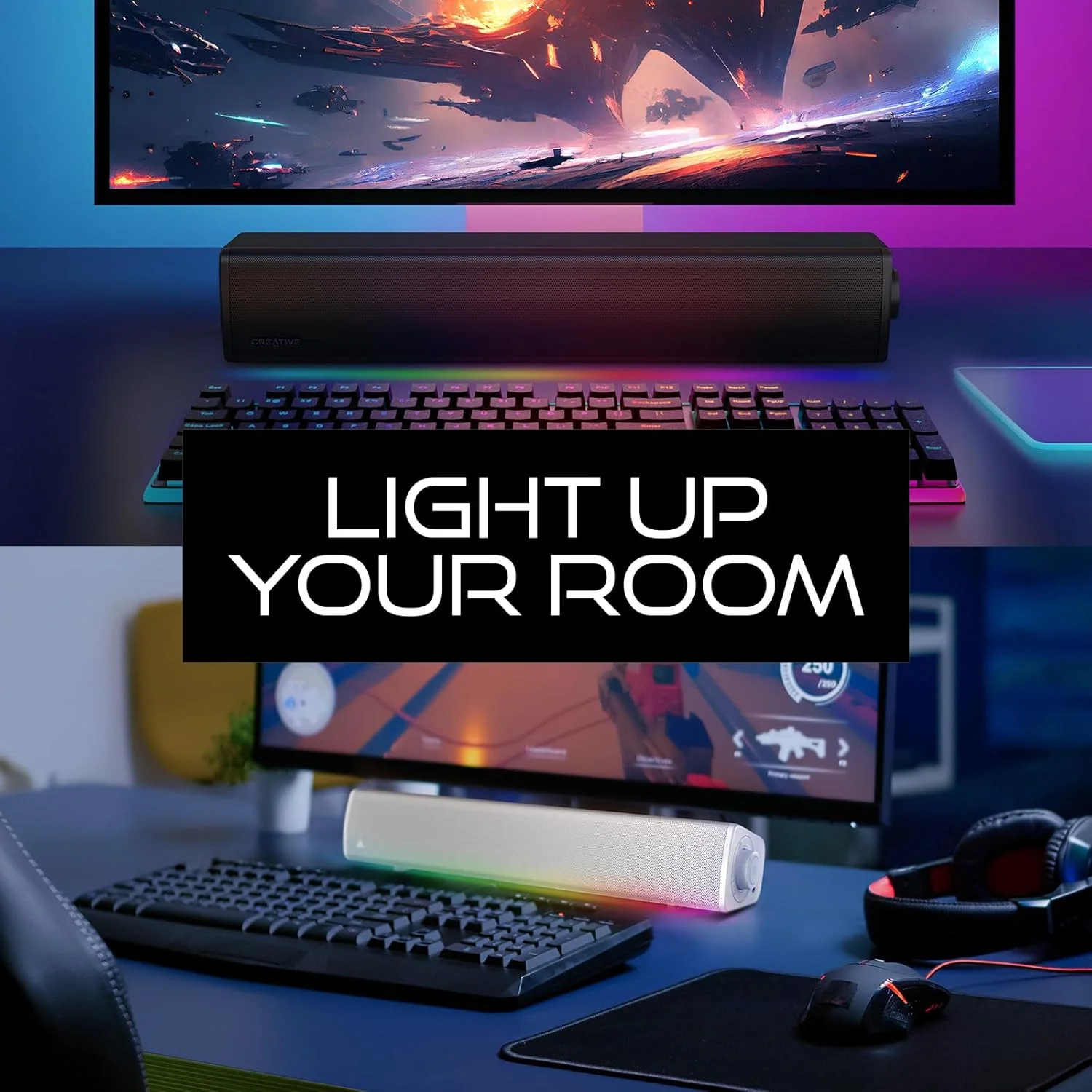 ساندبار گیمینگ جمع و جور کریتیو Sound Blaster GS3 (سفید) با نورپردازی RGB و فناوری SuperWide، تغذیه از طریق USB، بلوتوث 5.4، دارای پورت خروجی هدفون، مناسب برای PC و Mac