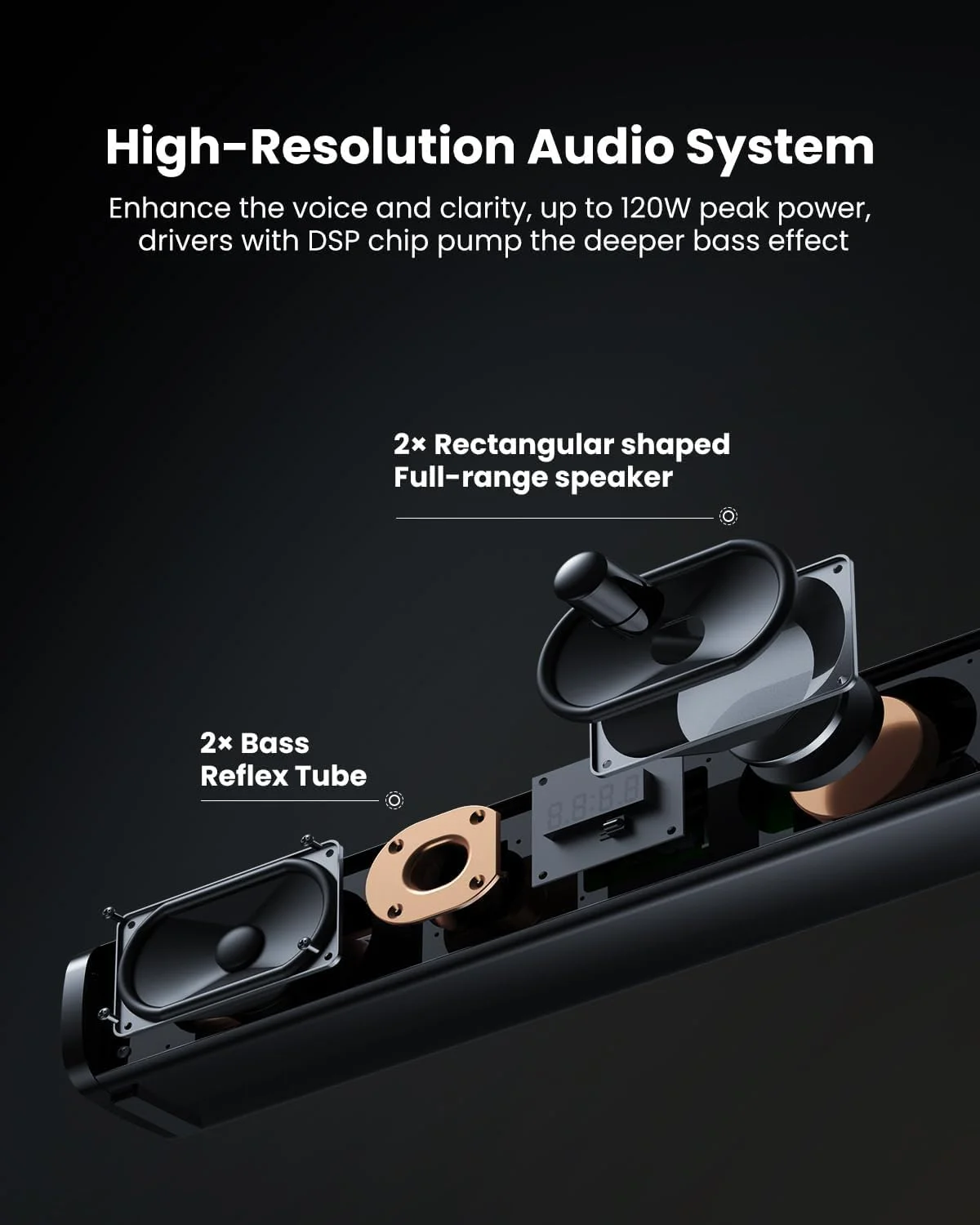 میوستو ساندبار برای تلویزیون با ساب ووفر گیمینگ برای کامپیوتر 120 وات، ساندبار گیمینگ با ووفر فراگیر 12 لیتری 5.25 اینچی، بیس عمیق، قابلیت تنظیم بیس/تریبل و 3 اکولایزر HD-ARC/Optical/USB/AUX/BT سازگار با دستگاه های گیمینگ
