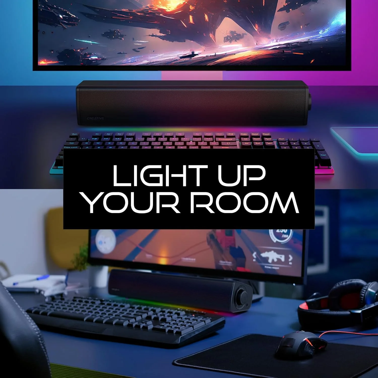 ساندبار گیمینگ کامپکت Creative Sound Blaster GS3 با نورپردازی RGB و فناوری SuperWide، تغذیه از طریق USB، بلوتوث 5.4، خروجی هدفون، برای PC و Mac ساندبار گیمینگ کامپکت Creative Sound Blaster GS3 با نورپردازی RGB و فناوری SuperWide، تغذیه از طریق USB، بلوتوث 5.4، خروجی هدفون، برای PC و Mac