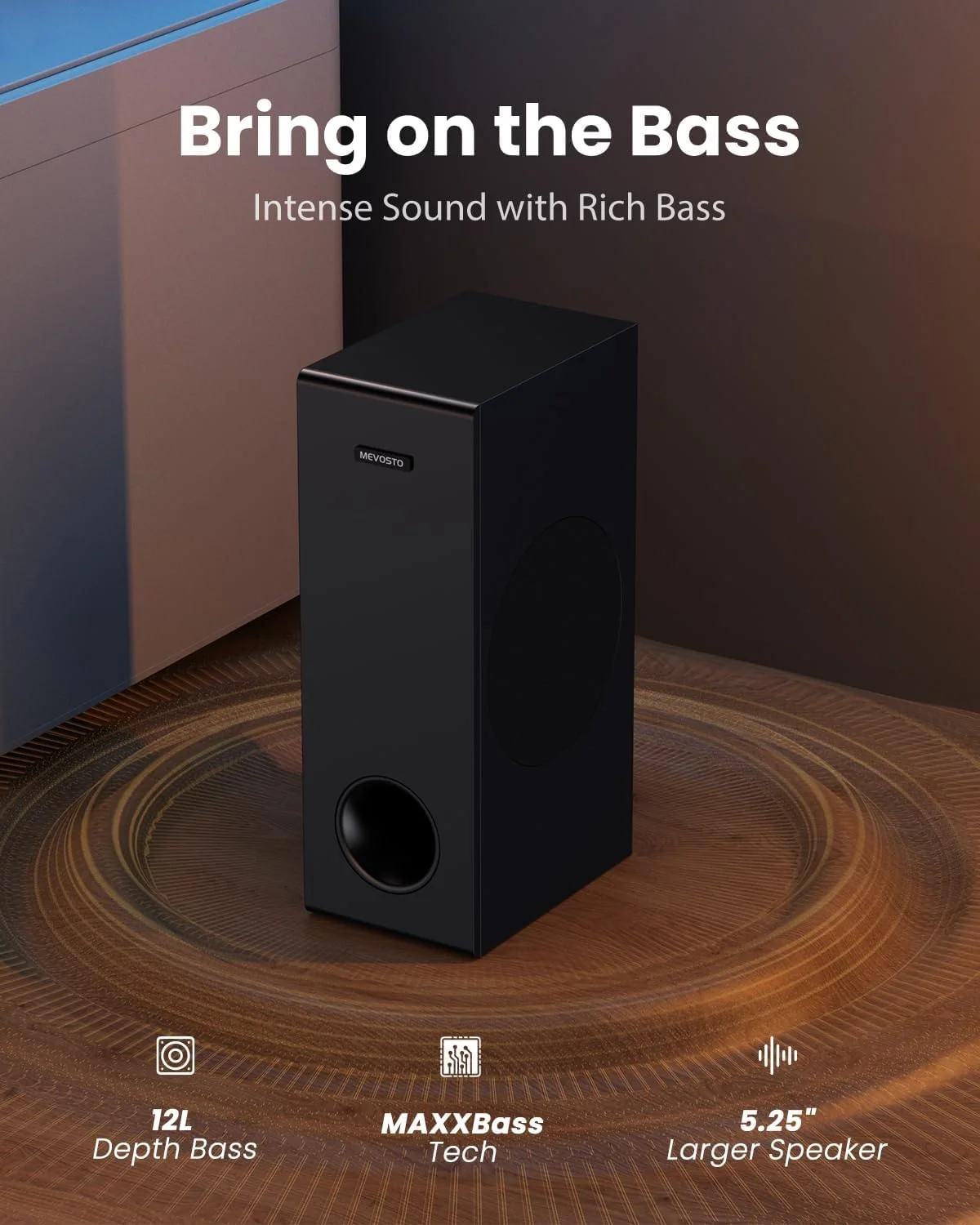 میوستو ساندبار برای تلویزیون با ساب ووفر گیمینگ برای کامپیوتر 120 وات، ساندبار گیمینگ با ووفر فراگیر 12 لیتری 5.25 اینچی، بیس عمیق، قابلیت تنظیم بیس/تریبل و 3 اکولایزر HD-ARC/Optical/USB/AUX/BT سازگار با دستگاه های گیمینگ