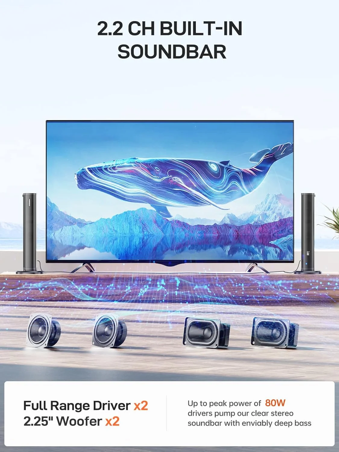 ساندبار گیمینگ کامپیوتر MEVOSTO برای تلویزیون 2.2 کاناله با ساب ووفر داخلی 80 وات 2 در 1 صدای فراگیر جداشدنی HD - ARC/Optical/USB/AUX/BT 3EQ و قابلیت تنظیم Bass/Treble سازگار با دستگاه های گیمینگ قابل نصب روی دیوار