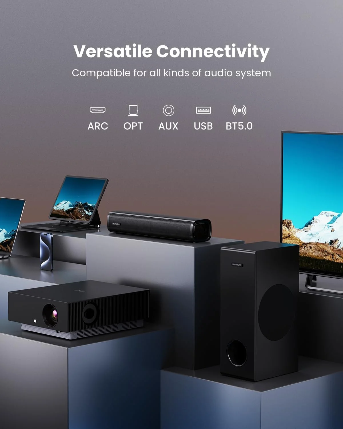 میوستو ساندبار برای تلویزیون با ساب ووفر گیمینگ برای کامپیوتر 120 وات، ساندبار گیمینگ با ووفر فراگیر 12 لیتری 5.25 اینچی، بیس عمیق، قابلیت تنظیم بیس/تریبل و 3 اکولایزر HD-ARC/Optical/USB/AUX/BT سازگار با دستگاه های گیمینگ