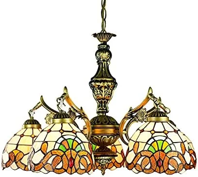 لوستر آویز گنبدی شیشه ای رنگی به سبک تیفانی، 5 شعله، مناسب اتاق مطالعه، نشیمن، اتاق خواب و جزیره آشپزخانه لوستر آویز گنبدی شیشه ای رنگی به سبک تیفانی، 5 شعله، مناسب اتاق مطالعه، نشیمن، اتاق خواب و جزیره آشپزخانه