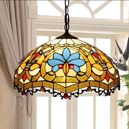 چراغ آویز سقفی به سبک تیفانی با لوستر شیشه ای رنگی باروک 16 اینچی برای روشنایی اتاق ناهار خوری، بار و راهرو، E27 چراغ آویز سقفی به سبک تیفانی با لوستر شیشه ای رنگی باروک 16 اینچی برای روشنایی اتاق ناهار خوری، بار و راهرو، E27