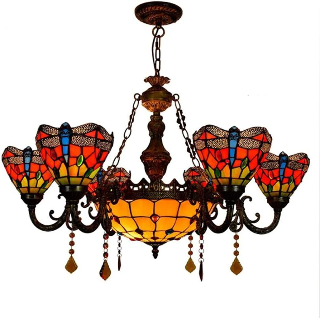 لوستر 6 شاخه به سبک تیفانی ویکتوریایی، چراغ آویز چند سر شیشه ای سنجاقک قرمز اروپایی مناسب برای ویلا، اتاق نشیمن و اتاق غذاخوری لوستر 6 شاخه به سبک تیفانی ویکتوریایی، چراغ آویز چند سر شیشه ای سنجاقک قرمز اروپایی مناسب برای ویلا، اتاق نشیمن و اتاق غذاخوری