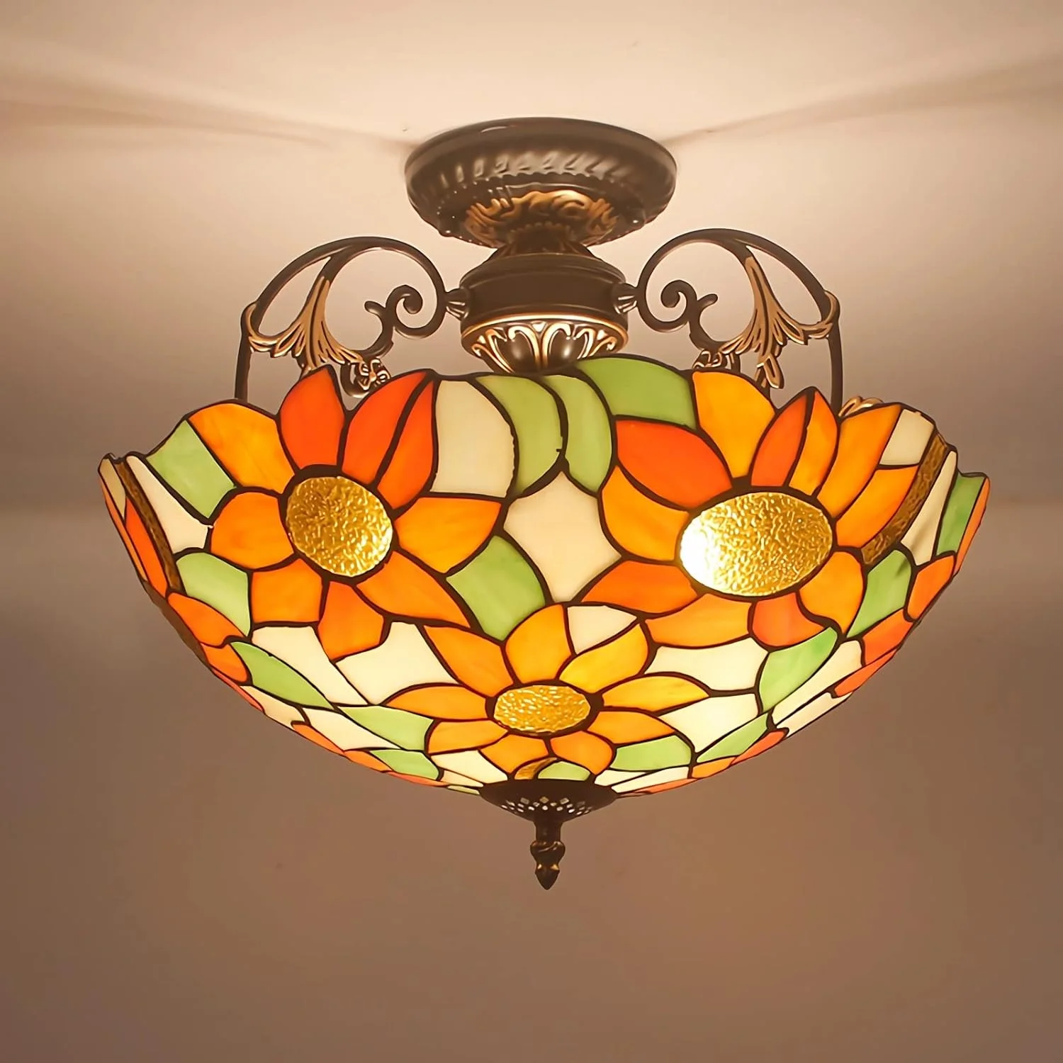 چراغ آویز سقفی طرح تیفانی، طرح گل آفتابگردان، شیشه رنگی 16 اینچی، مناسب اتاق نشیمن، اتاق خواب، ناهارخوری، آشپزخانه، جزیره آشپزخانه و راهرو چراغ آویز سقفی طرح تیفانی، طرح گل آفتابگردان، شیشه رنگی 16 اینچی، مناسب اتاق نشیمن، اتاق خواب، ناهارخوری، آشپزخانه، جزیره آشپزخانه و راهرو