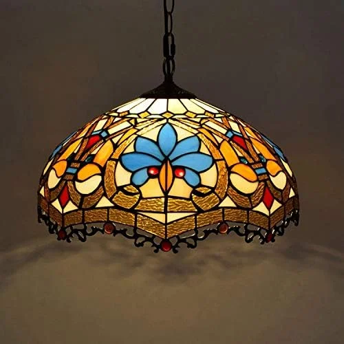 چراغ آویز سقفی به سبک تیفانی با لوستر شیشه ای رنگی باروک 16 اینچی برای روشنایی اتاق ناهار خوری، بار و راهرو، E27 چراغ آویز سقفی به سبک تیفانی با لوستر شیشه ای رنگی باروک 16 اینچی برای روشنایی اتاق ناهار خوری، بار و راهرو، E27
