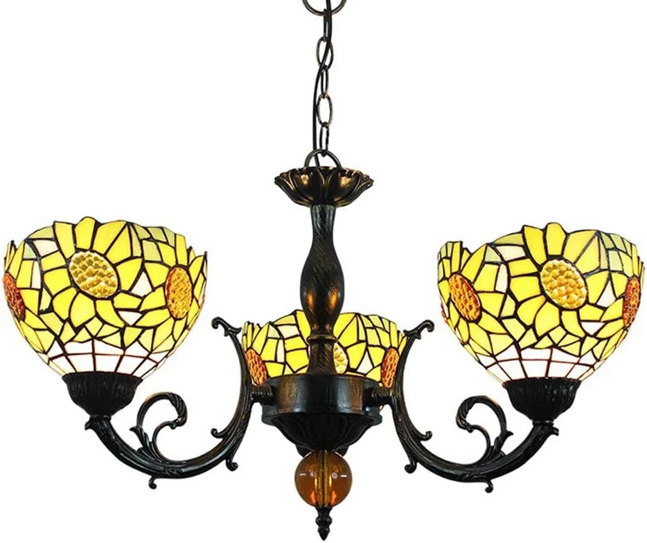 چراغ آویز باروک تیفانی، آباژورهای شیشه ای رنگی گل آفتابگردان زرد، لوستر 3 شاخه با چراغ آویز سقفی معکوس چراغ آویز باروک تیفانی، آباژورهای شیشه ای رنگی گل آفتابگردان زرد، لوستر 3 شاخه با چراغ آویز سقفی معکوس