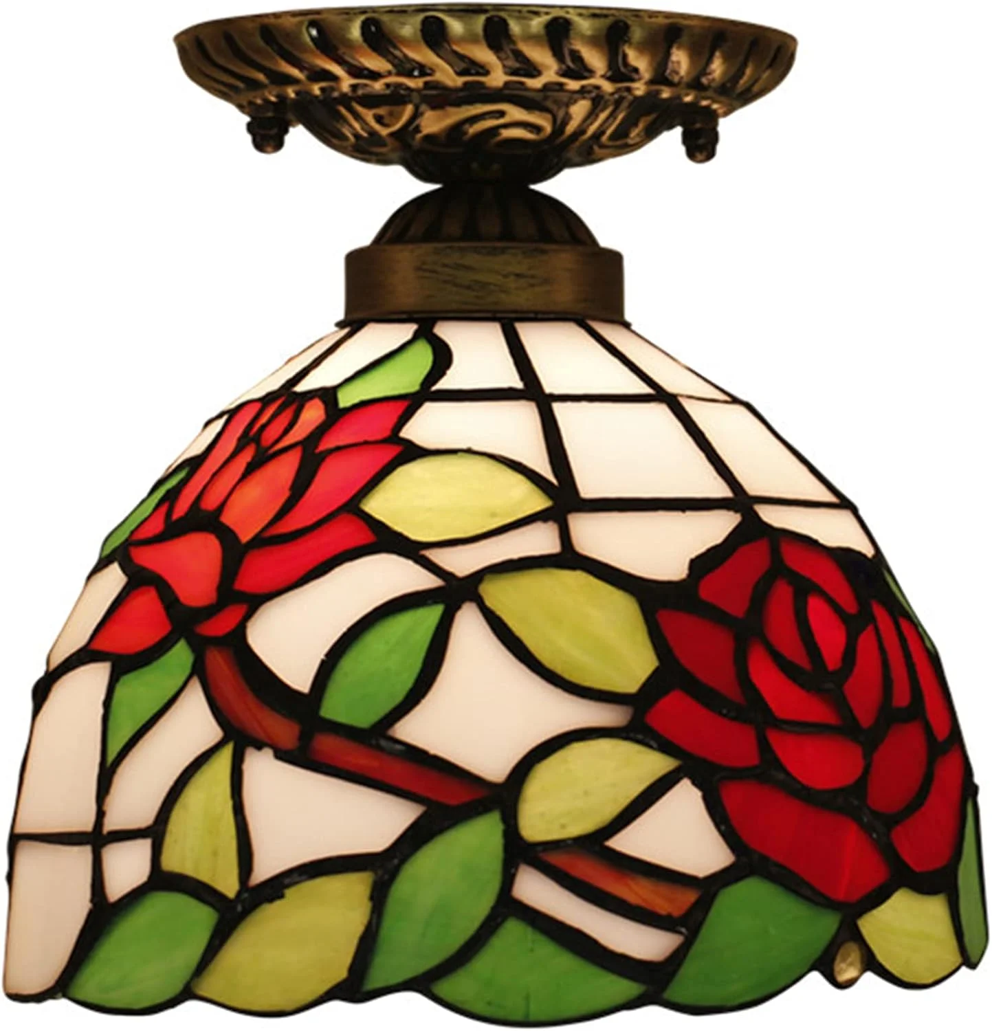 چراغ سقفی به سبک تیفانی، شیشه رنگی 8 اینچی با طرح برگ های سبز و گل رز قرمز، چراغ سقفی چسبیده مناسب برای اتاق نشیمن، اتاق خواب، راهروی هتل چراغ سقفی به سبک تیفانی، شیشه رنگی 8 اینچی با طرح برگ های سبز و گل رز قرمز، چراغ سقفی چسبیده مناسب برای اتاق نشیمن، اتاق خواب، راهروی هتل