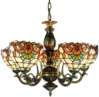 لوستر آویز گنبدی شیشه ای رنگی به سبک تیفانی، 5 شعله، مناسب اتاق مطالعه، نشیمن، اتاق خواب و جزیره آشپزخانه لوستر آویز گنبدی شیشه ای رنگی به سبک تیفانی، 5 شعله، مناسب اتاق مطالعه، نشیمن، اتاق خواب و جزیره آشپزخانه