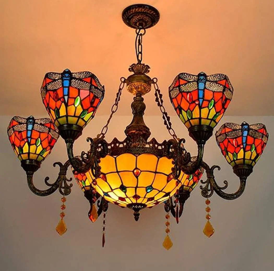 لوستر 6 شاخه به سبک تیفانی ویکتوریایی، چراغ آویز چند سر شیشه ای سنجاقک قرمز اروپایی مناسب برای ویلا، اتاق نشیمن و اتاق غذاخوری لوستر 6 شاخه به سبک تیفانی ویکتوریایی، چراغ آویز چند سر شیشه ای سنجاقک قرمز اروپایی مناسب برای ویلا، اتاق نشیمن و اتاق غذاخوری