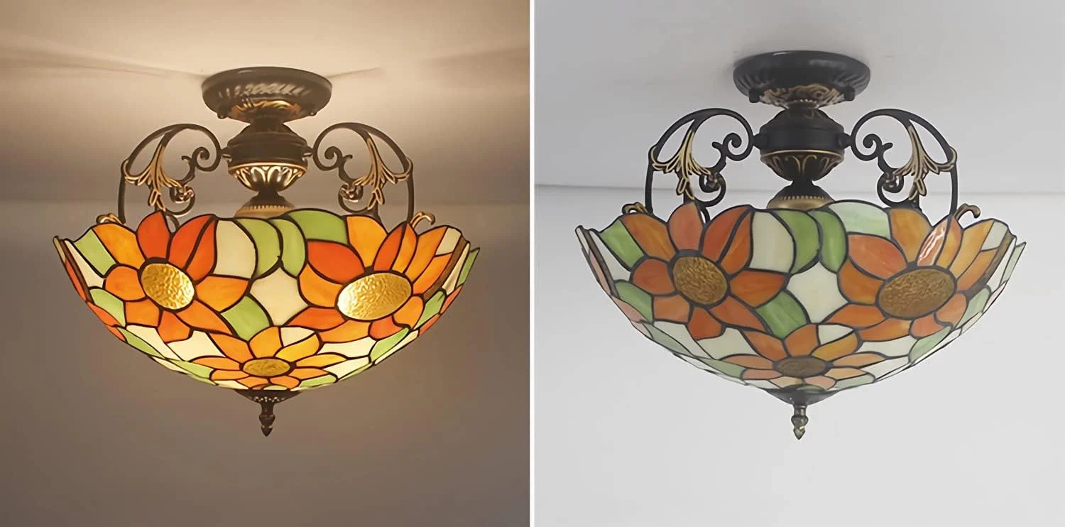 چراغ آویز سقفی طرح تیفانی، طرح گل آفتابگردان، شیشه رنگی 16 اینچی، مناسب اتاق نشیمن، اتاق خواب، ناهارخوری، آشپزخانه، جزیره آشپزخانه و راهرو چراغ آویز سقفی طرح تیفانی، طرح گل آفتابگردان، شیشه رنگی 16 اینچی، مناسب اتاق نشیمن، اتاق خواب، ناهارخوری، آشپزخانه، جزیره آشپزخانه و راهرو