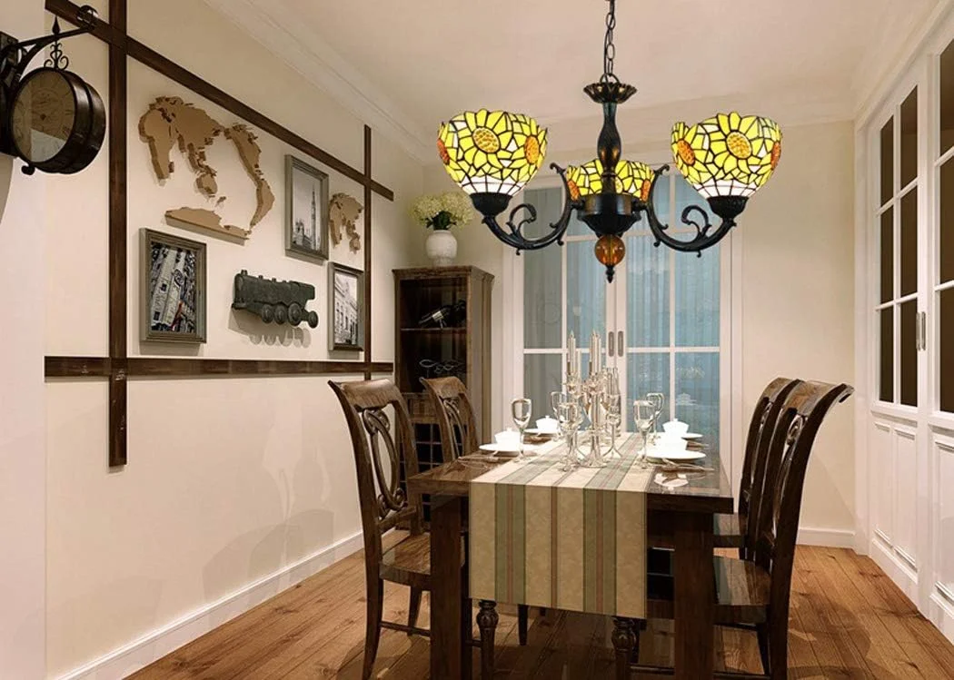 چراغ آویز باروک تیفانی، آباژورهای شیشه ای رنگی گل آفتابگردان زرد، لوستر 3 شاخه با چراغ آویز سقفی معکوس چراغ آویز باروک تیفانی، آباژورهای شیشه ای رنگی گل آفتابگردان زرد، لوستر 3 شاخه با چراغ آویز سقفی معکوس