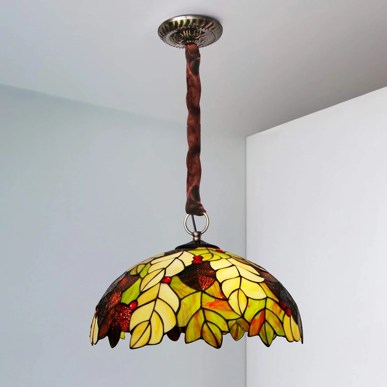 چراغ سقفی طرح تیفانی با برگ های شیشه رنگی، چراغ آویز وینتیج برای اتاق خواب، اتاق نشیمن، سالن غذاخوری، راهرو [کلاس انرژی A ++], A, 40cm