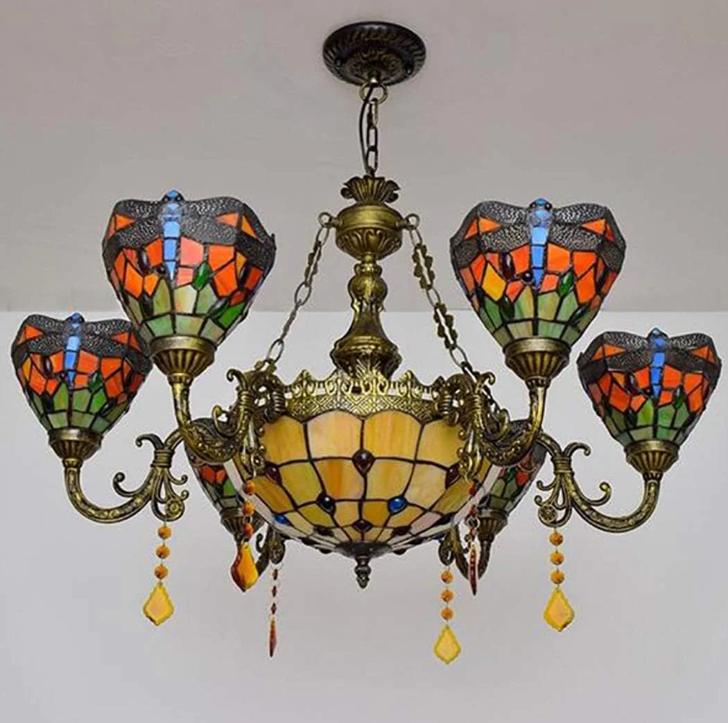 لوستر 6 شاخه به سبک تیفانی ویکتوریایی، چراغ آویز چند سر شیشه ای سنجاقک قرمز اروپایی مناسب برای ویلا، اتاق نشیمن و اتاق غذاخوری لوستر 6 شاخه به سبک تیفانی ویکتوریایی، چراغ آویز چند سر شیشه ای سنجاقک قرمز اروپایی مناسب برای ویلا، اتاق نشیمن و اتاق غذاخوری