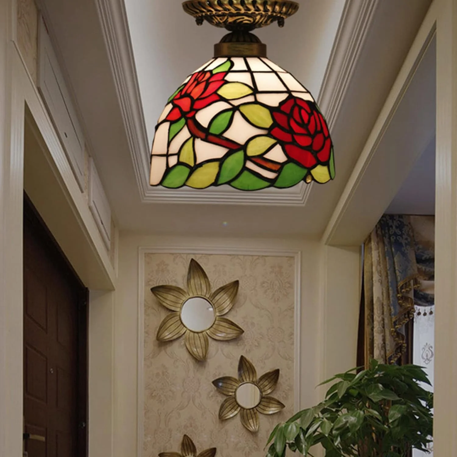 چراغ سقفی به سبک تیفانی، شیشه رنگی 8 اینچی با طرح برگ های سبز و گل رز قرمز، چراغ سقفی چسبیده مناسب برای اتاق نشیمن، اتاق خواب، راهروی هتل چراغ سقفی به سبک تیفانی، شیشه رنگی 8 اینچی با طرح برگ های سبز و گل رز قرمز، چراغ سقفی چسبیده مناسب برای اتاق نشیمن، اتاق خواب، راهروی هتل
