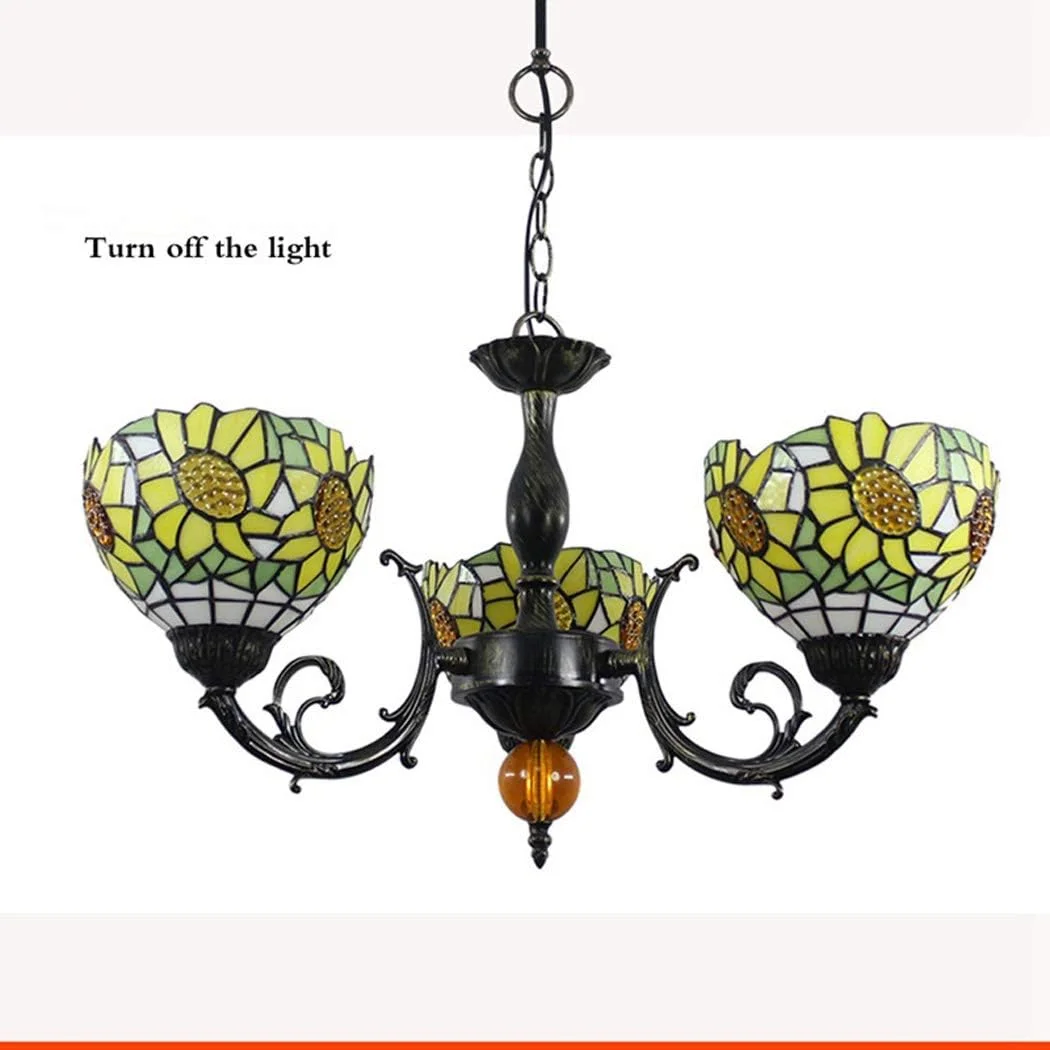 چراغ آویز باروک تیفانی، آباژورهای شیشه ای رنگی گل آفتابگردان زرد، لوستر 3 شاخه با چراغ آویز سقفی معکوس چراغ آویز باروک تیفانی، آباژورهای شیشه ای رنگی گل آفتابگردان زرد، لوستر 3 شاخه با چراغ آویز سقفی معکوس