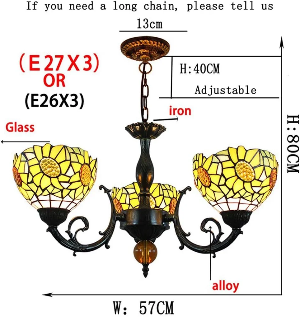 چراغ آویز باروک تیفانی، آباژورهای شیشه ای رنگی گل آفتابگردان زرد، لوستر 3 شاخه با چراغ آویز سقفی معکوس چراغ آویز باروک تیفانی، آباژورهای شیشه ای رنگی گل آفتابگردان زرد، لوستر 3 شاخه با چراغ آویز سقفی معکوس