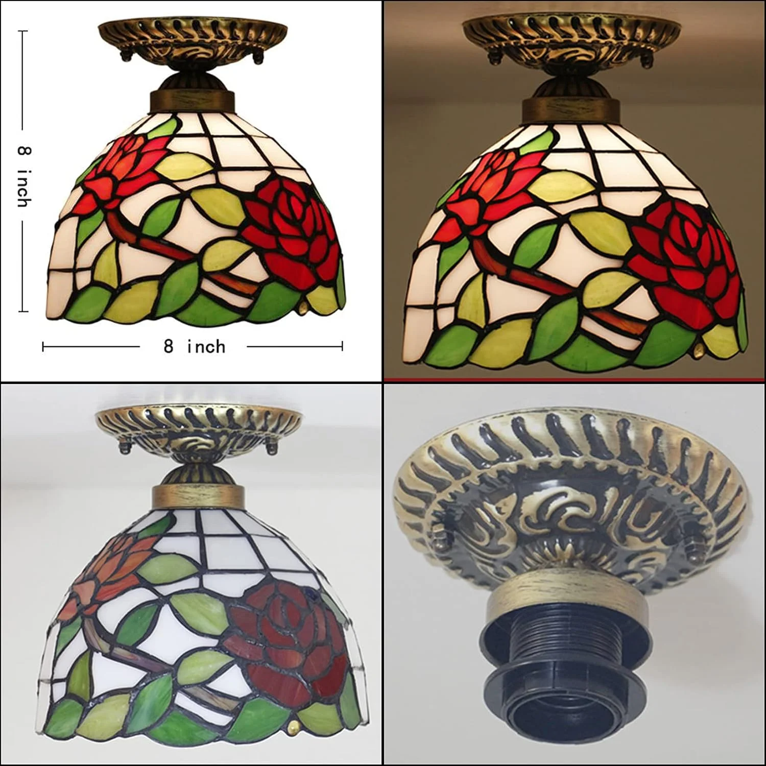 چراغ سقفی به سبک تیفانی، شیشه رنگی 8 اینچی با طرح برگ های سبز و گل رز قرمز، چراغ سقفی چسبیده مناسب برای اتاق نشیمن، اتاق خواب، راهروی هتل چراغ سقفی به سبک تیفانی، شیشه رنگی 8 اینچی با طرح برگ های سبز و گل رز قرمز، چراغ سقفی چسبیده مناسب برای اتاق نشیمن، اتاق خواب، راهروی هتل