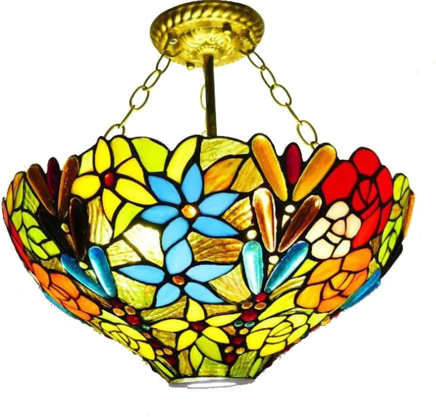 چراغ آویز سقفی به سبک تیفانی با نورافکن، چراغ سقفی شیشه ای رنگی 16 اینچی برای اتاق خواب، اتاق ناهارخوری، اتاق مطالعه، لوستر هنری، E27×3 چراغ آویز سقفی به سبک تیفانی با نورافکن، چراغ سقفی شیشه ای رنگی 16 اینچی برای اتاق خواب، اتاق ناهارخوری، اتاق مطالعه، لوستر هنری، E27×3