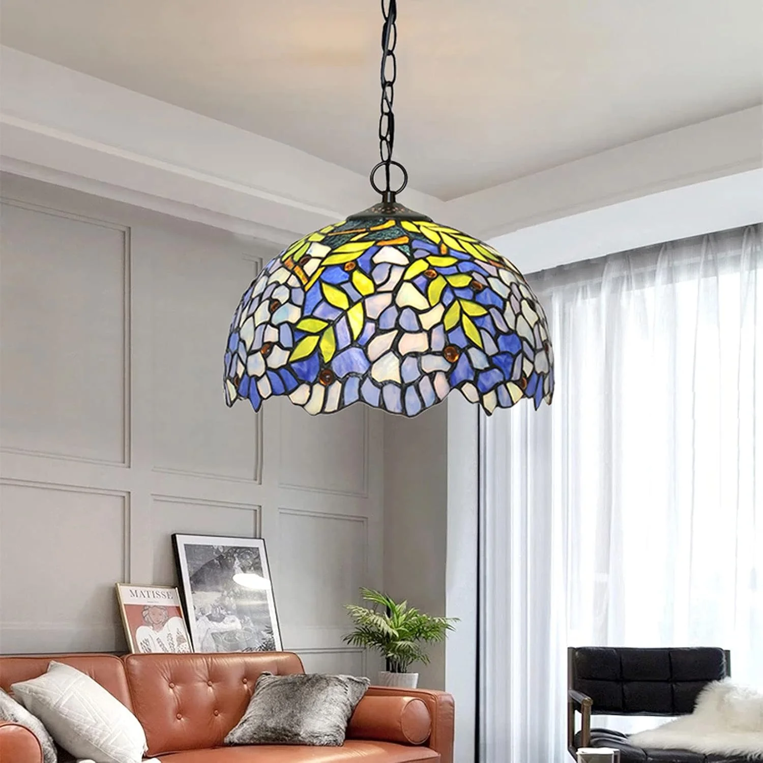 چراغ آویز تیفانی طرح گل ویستریا، آویز شیشه رنگی، 12 اینچ، E27، تک لامپ، لوستر، چراغ آویز سقفی مناسب برای آشپزخانه، جزیره، اتاق غذاخوری، اتاق نشیمن چراغ آویز تیفانی طرح گل ویستریا، آویز شیشه رنگی، 12 اینچ، E27، تک لامپ، لوستر، چراغ آویز سقفی مناسب برای آشپزخانه، جزیره، اتاق غذاخوری، اتاق نشیمن
