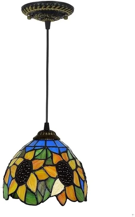 چراغ آویز به سبک تیفانی 8 اینچی، لوستر شیشه ای رنگی آفتابگردان، چراغ آویز سقفی LED برای آشپزخانه، جزیره، اتاق غذاخوری، رستوران چراغ آویز به سبک تیفانی 8 اینچی، لوستر شیشه ای رنگی آفتابگردان، چراغ آویز سقفی LED برای آشپزخانه، جزیره، اتاق غذاخوری، رستوران
