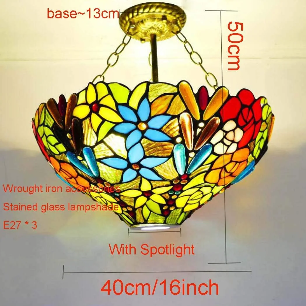 چراغ آویز سقفی به سبک تیفانی با نورافکن، چراغ سقفی شیشه ای رنگی 16 اینچی برای اتاق خواب، اتاق ناهارخوری، اتاق مطالعه، لوستر هنری، E27×3 چراغ آویز سقفی به سبک تیفانی با نورافکن، چراغ سقفی شیشه ای رنگی 16 اینچی برای اتاق خواب، اتاق ناهارخوری، اتاق مطالعه، لوستر هنری، E27×3