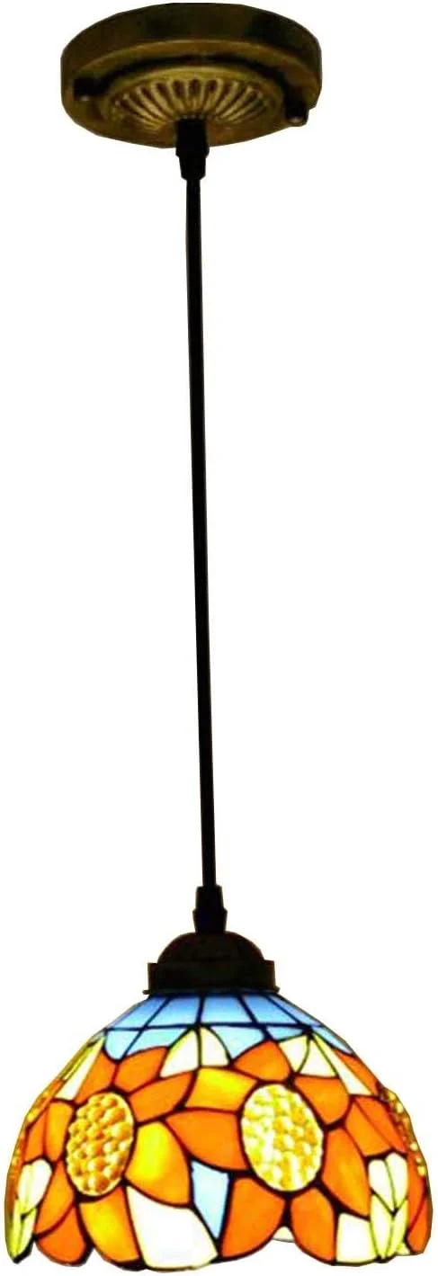چراغ آویز به سبک تیفانی، لوستر کوچک طرح گل آفتابگردان نارنجی با شیشه رنگی، چراغ آویز اتاق ناهارخوری، سرپیچ E27، 8 اینچ چراغ آویز به سبک تیفانی، لوستر کوچک طرح گل آفتابگردان نارنجی با شیشه رنگی، چراغ آویز اتاق ناهارخوری، سرپیچ E27، 8 اینچ