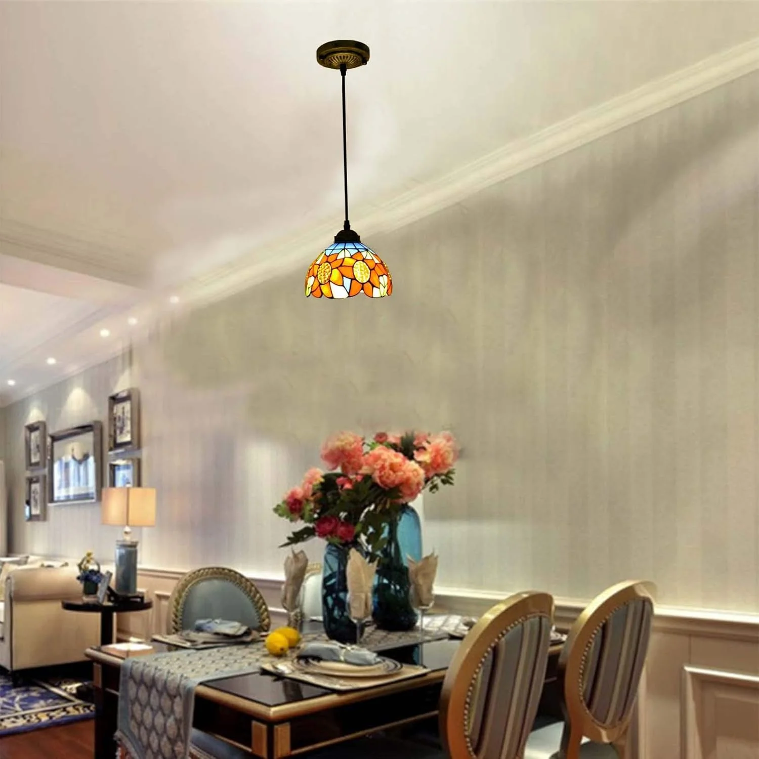 چراغ آویز به سبک تیفانی، لوستر کوچک طرح گل آفتابگردان نارنجی با شیشه رنگی، چراغ آویز اتاق ناهارخوری، سرپیچ E27، 8 اینچ چراغ آویز به سبک تیفانی، لوستر کوچک طرح گل آفتابگردان نارنجی با شیشه رنگی، چراغ آویز اتاق ناهارخوری، سرپیچ E27، 8 اینچ