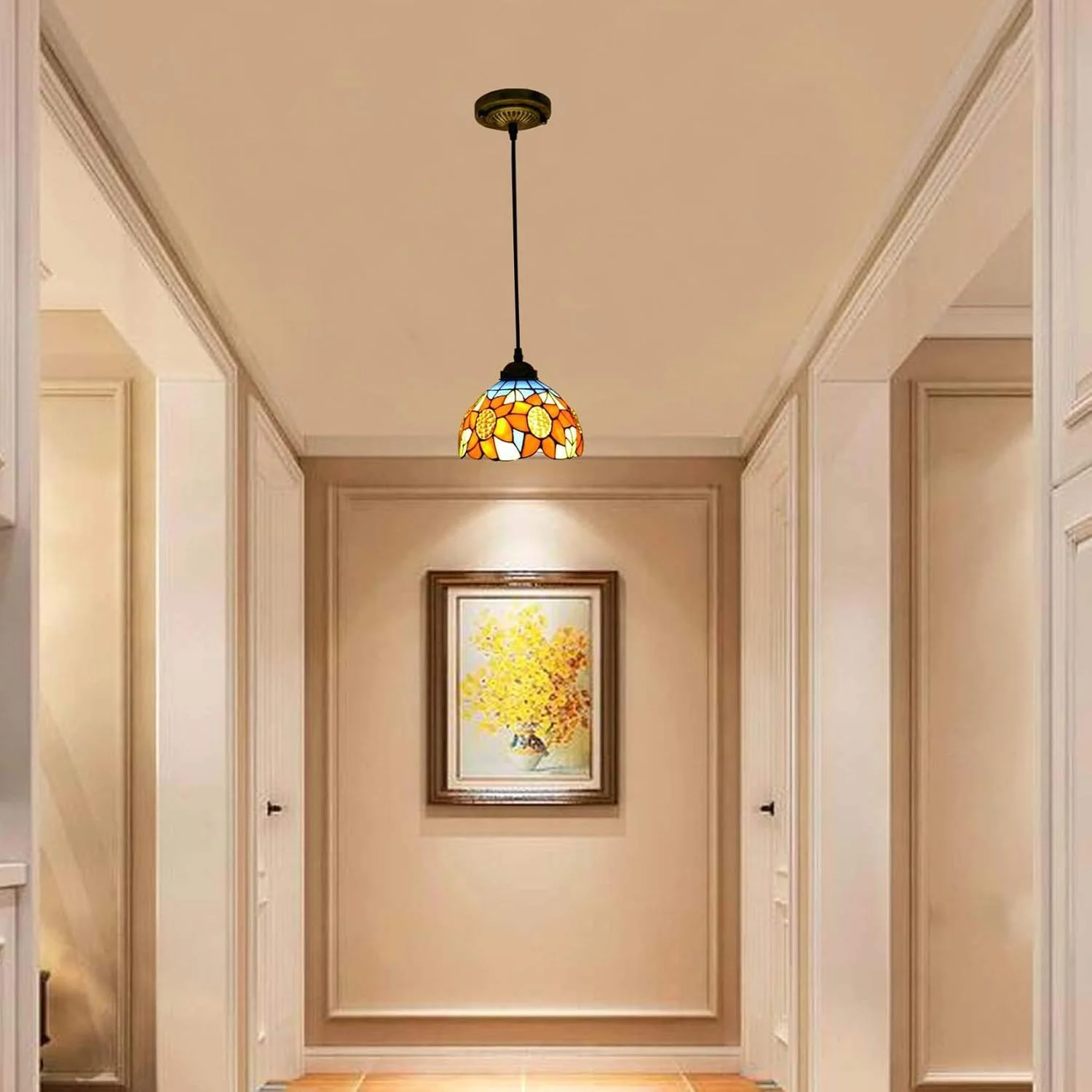 چراغ آویز به سبک تیفانی، لوستر کوچک طرح گل آفتابگردان نارنجی با شیشه رنگی، چراغ آویز اتاق ناهارخوری، سرپیچ E27، 8 اینچ چراغ آویز به سبک تیفانی، لوستر کوچک طرح گل آفتابگردان نارنجی با شیشه رنگی، چراغ آویز اتاق ناهارخوری، سرپیچ E27، 8 اینچ