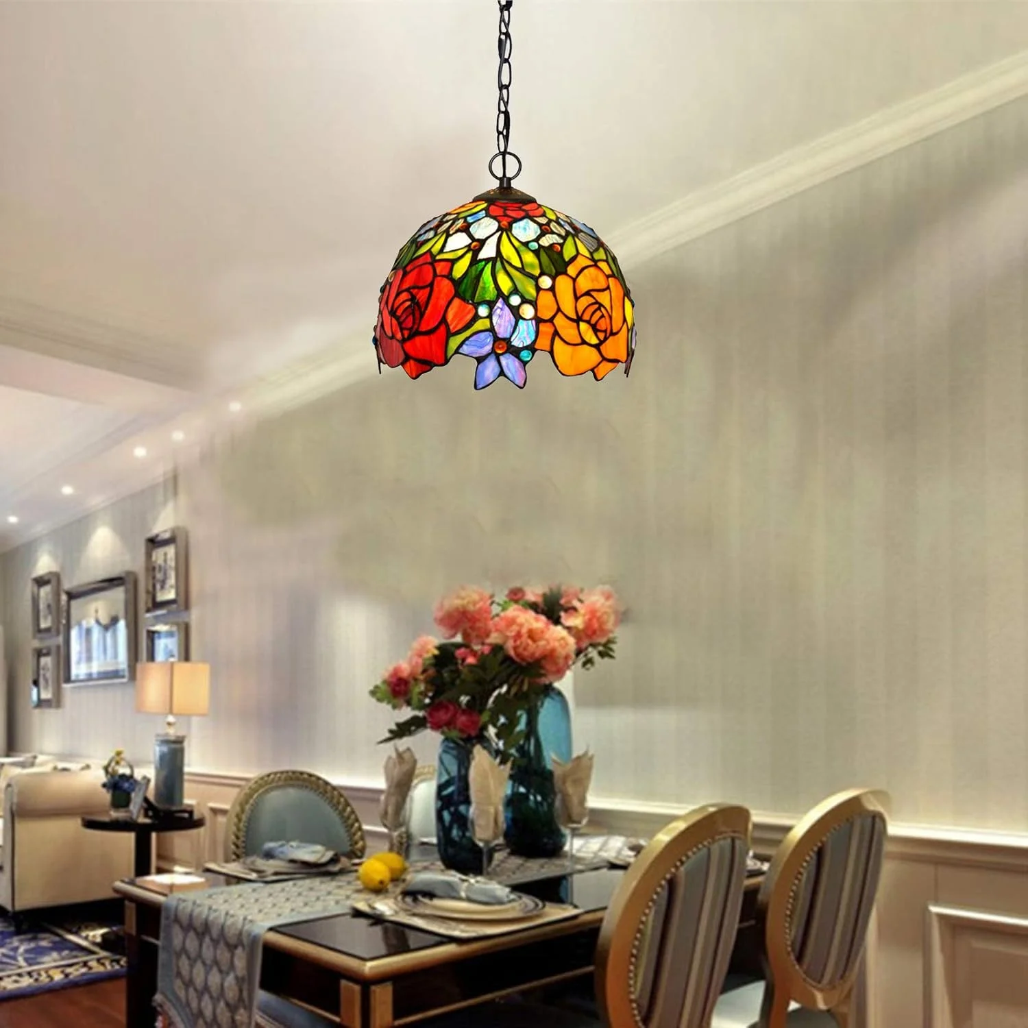چراغ آویز کوچک به سبک تیفانی، چراغ آویز سقفی با شیشه رنگی طرح گل رز نارنجی قرمز، مناسب رستوران، سایز 10 اینچ چراغ آویز کوچک به سبک تیفانی، چراغ آویز سقفی با شیشه رنگی طرح گل رز نارنجی قرمز، مناسب رستوران، سایز 10 اینچ