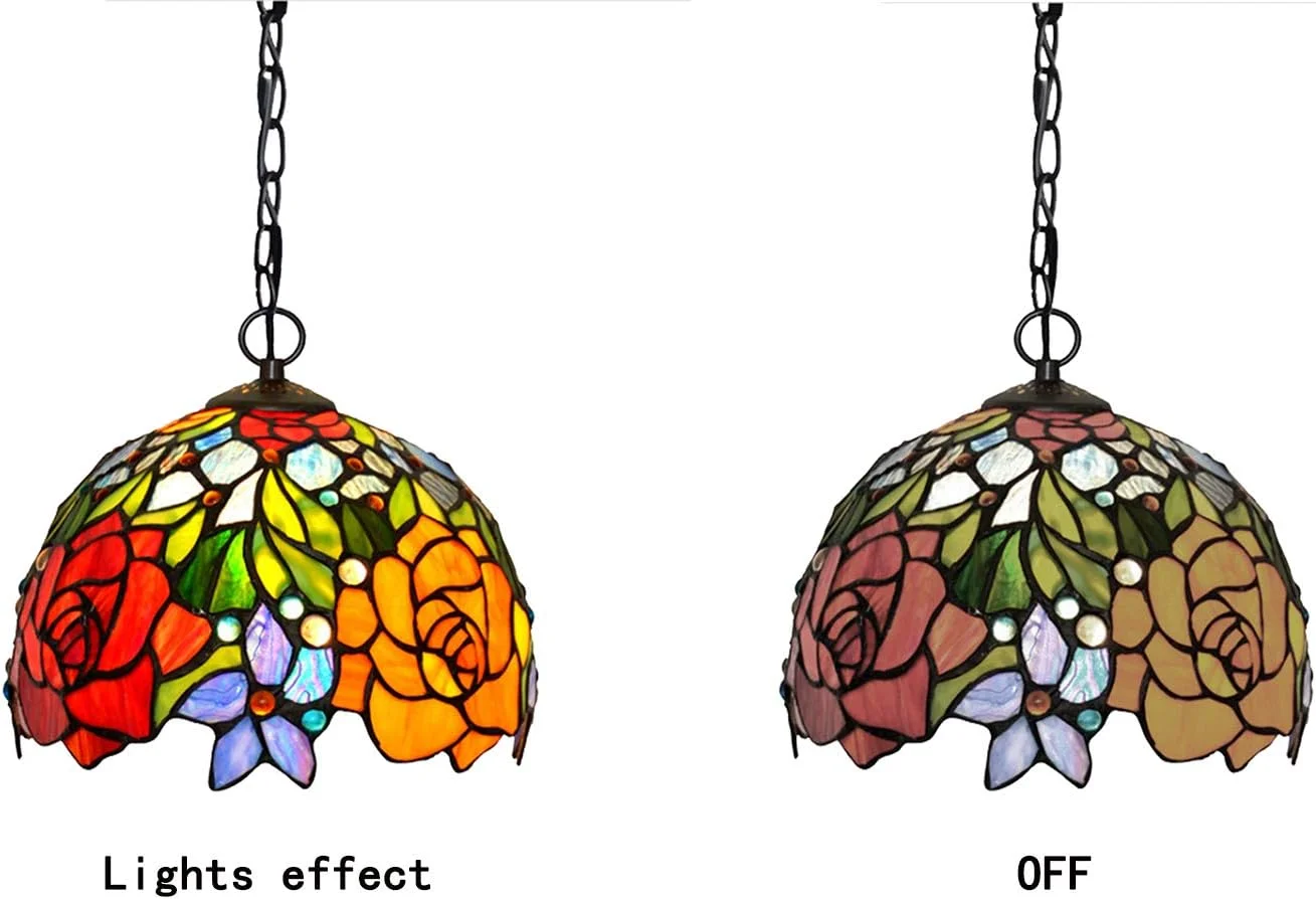 چراغ آویز کوچک به سبک تیفانی، چراغ آویز سقفی با شیشه رنگی طرح گل رز نارنجی قرمز، مناسب رستوران، سایز 10 اینچ چراغ آویز کوچک به سبک تیفانی، چراغ آویز سقفی با شیشه رنگی طرح گل رز نارنجی قرمز، مناسب رستوران، سایز 10 اینچ