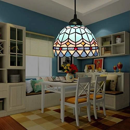 چراغ آویز به سبک تیفانی، شیشه رنگی آبی دریایی 8 اینچی، لوستر آویز مرواریدی برای دکوراسیون جزیره آشپزخانه، اتاق نشیمن، اتاق غذاخوری، اتاق خواب، راهرو چراغ آویز به سبک تیفانی، شیشه رنگی آبی دریایی 8 اینچی، لوستر آویز مرواریدی برای دکوراسیون جزیره آشپزخانه، اتاق نشیمن، اتاق غذاخوری، اتاق خواب، راهرو
