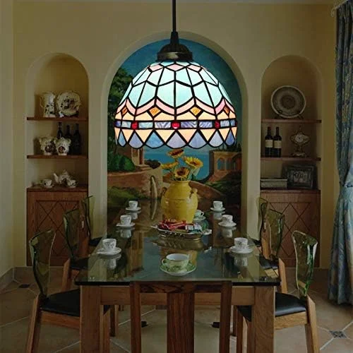 چراغ آویز به سبک تیفانی، شیشه رنگی آبی دریایی 8 اینچی، لوستر آویز مرواریدی برای دکوراسیون جزیره آشپزخانه، اتاق نشیمن، اتاق غذاخوری، اتاق خواب، راهرو چراغ آویز به سبک تیفانی، شیشه رنگی آبی دریایی 8 اینچی، لوستر آویز مرواریدی برای دکوراسیون جزیره آشپزخانه، اتاق نشیمن، اتاق غذاخوری، اتاق خواب، راهرو