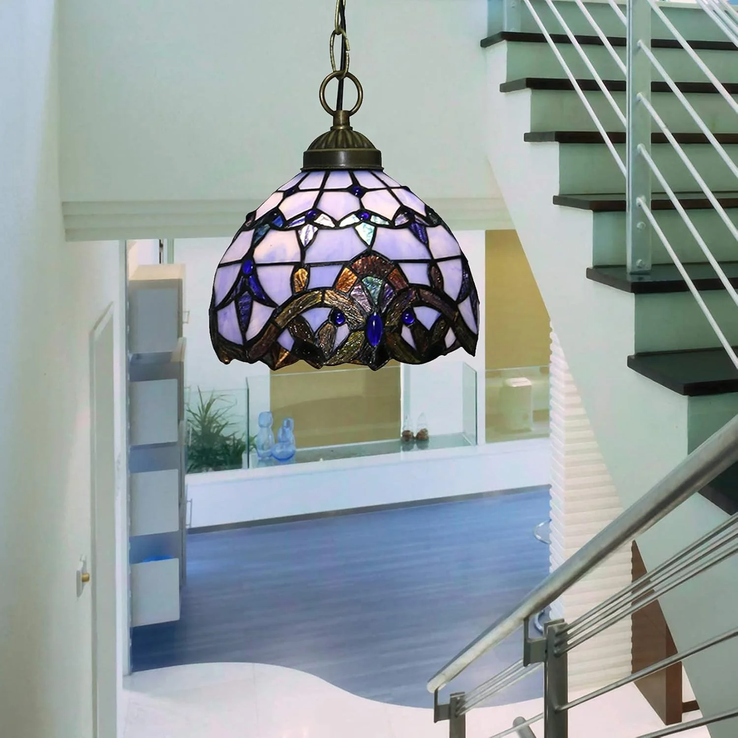 چراغ آویز کوچک به سبک تیفانی برای جزیره آشپزخانه، لوستر آویز با شیشه رنگی بنفش آبی 8 اینچی، چراغ آویز وینتیج برای راهرو اتاق غذاخوری چراغ آویز کوچک به سبک تیفانی برای جزیره آشپزخانه، لوستر آویز با شیشه رنگی بنفش آبی 8 اینچی، چراغ آویز وینتیج برای راهرو اتاق غذاخوری